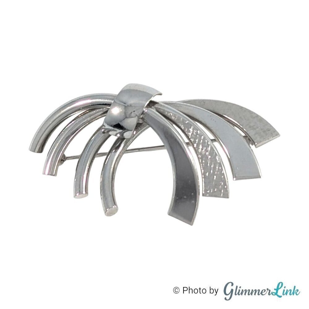 Vintage Modernist Bow Ribbon Arched Silver Tone Brooch Pin